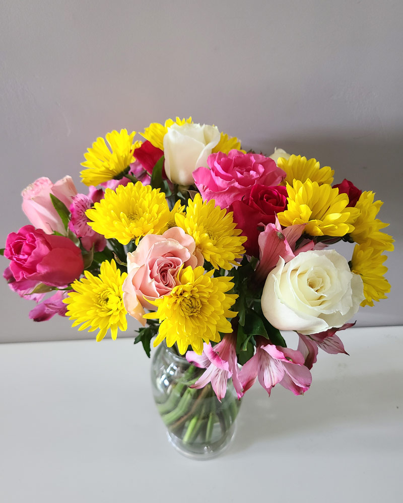 flower arrangement with bright colored flowers